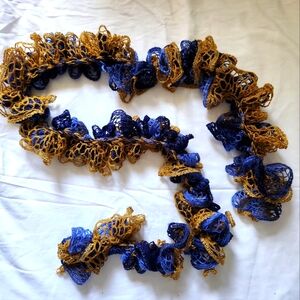 NWOT Elegant Blue and Gold Ruffled Hand-Crocheted Scarf 72-inches